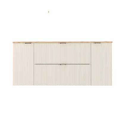 A front view of a cream-colored vanity cabinet with a wooden top, set against a white background.