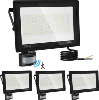 Immagine prodotto di Jayseuw Faretto LED con rilevatore di movimento 4X 100W, impermeabile IP66, faretto da giardino, proiettore LED 6000K