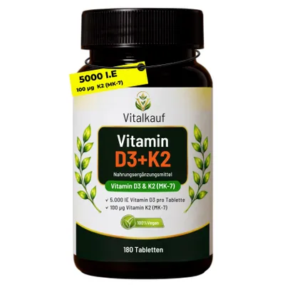 Produktbild von Vitalkauf Vitamin D3 + K2 (MK-7) 5000 I.E. + 100 µg – 180 vegane Tabletten