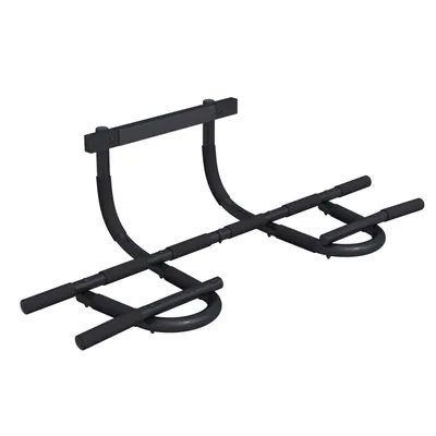 A black pull-up bar for a door frame is shown against a white background.