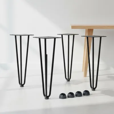 Image de Lot de 4 pieds en épingle à cheveux 45 cm noir, 3 montants, acier 12 mm, patins de protection