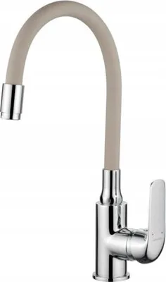 A kitchen faucet with a flexible beige hose and a silver handle.