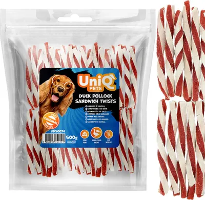 Image de Friandise, snack pour chiens Twisted Sandwiches au canard UniQ Pets 500g