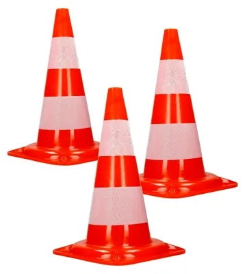 Produktbild von 3 Stück Verkehrskegel Pylone 47 cm, Orange-Weiß, Verkehrsleitkegel mit 2 reflektierenden Streifen, stapelbar & flexibel, Warnleitkegel Warnkegel Leitkegel Verkehrshütchen Markierungskegel