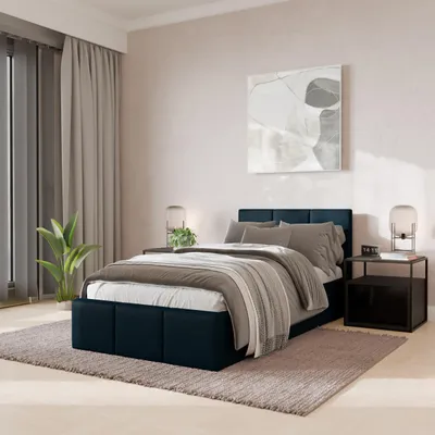 Produktbild von Muralo POLSTERBETT für Schlafzimmer Polsterbett mit Bettkasten und Gasdruckfeder Bett mit Polsterkopfteil Einzelbett 90x200 Bett mit Stauraum Dunkelblau