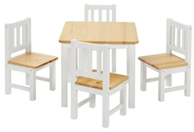Productafbeelding van Bomi Amy Kindertafel met 4 Stoeltjes HoutNaturel Wit - Massief Grenenhout - Kindertafel en Stoeltjes - Speeltafel - Tekentafel - 3 t/m 6 Jaar