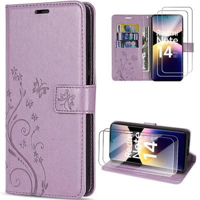 Image de Coque + 2 Verres Trempés pour Xiaomi Redmi Note 14 Pro 5G, Protection Synthécuir Motif Papillon Violet