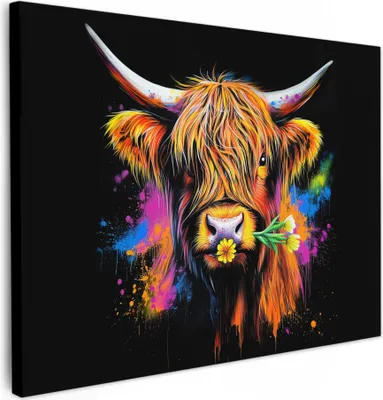 Produktbild von Leinwand Bilder 80x60 cm - Graffiti - Schottisches Hochlandrind, Wandbilder, Wanddeko Wohnzimmer, Bild