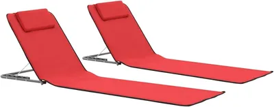 Produktbild von 2 klappbare Strandmatten mit Stahlrahmen, Stoffmatte, verstellbarer Rückenlehne, Kopfstütze und Staufach für Strand, Campingplatz und Terrasse