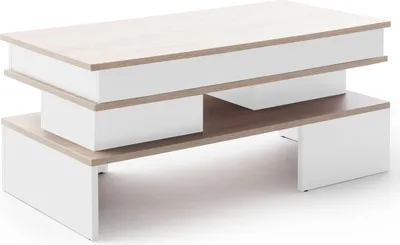 A modern coffee table with a two-tiered design and storage compartments.