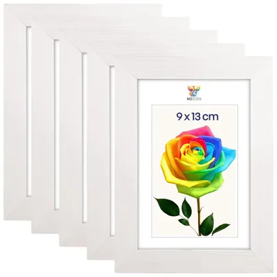 Produktbild von MG Design 5er Set Bilderrahmen 9 x 13 cm - Fotorahmen mit Weiß Echtholzrahmen und bruchsicherem Acrylglas, Hoch & Quer zum Aufhängen, zum Aufstellen