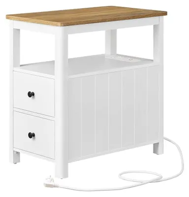 Zdjęcie produktu dla Wąski stolik pomocniczy z wbudowaną listwą gniazd, wymiary: 60 x 35 x 60 cm, kolor: brązowy/biały