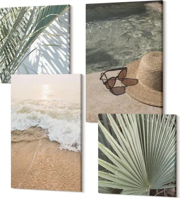 Obrázok produktu pre Viacdielne obrazy na plátne – Set 4 kusy – Moderná dekorácia do obývačky alebo spálne – Fotoplátno – 2x40x40 cm + 2x40x60 cm – Pripravené na zavesenie – Vodný plážový klobúk a slnečné okuliare