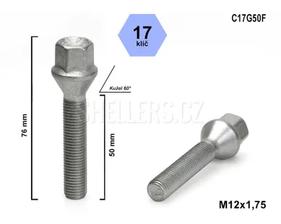 Obrázek produktu pro Kolový šroub M12x1,75x50mm kužel, klíč 17, C17G50F, VOLVO výška 76 mm