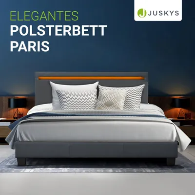 Produktbild von Juskys Polsterbett Paris 140 x 200 cm Kunstleder mit LED & Lattenrost - Grau