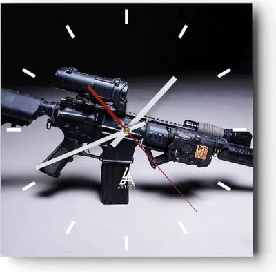 Produktbild von Wanduhr - Quadrat - Glasuhr - Gewehr Armee - 30x30cm - Schleichendes Uhrwerk - Lautlos - zum Aufhängen bereit - Dekoration Modern - Wanddekoration aus Glas - C3AC30x30-3776