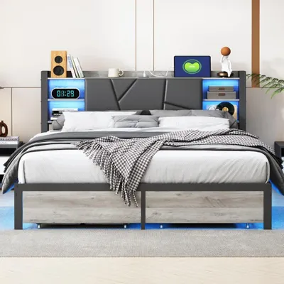 Obrázek produktu pro Postel pro dva – Dvojlůžko – Rám postele – Postel 160x200 – Čalouněná postel – LED osvětlení – USB nabíjecí port