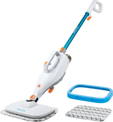 A steam cleaner set with accessories, presented against a white background.