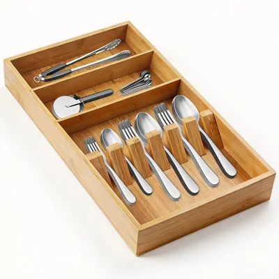 Image de Boîte à couverts en bambou, tiroir de 42 x 25,5 x 4,5 cm, organisateur en bois