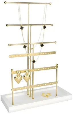 Produktbild von Ultiluxe Schmuckständer - Gold / Weiß - Halter für Ketten - Armbänder - Ohrringe - Ringe - Schmucklösung mit Plateau - Stilvoll - Größe M - Gold