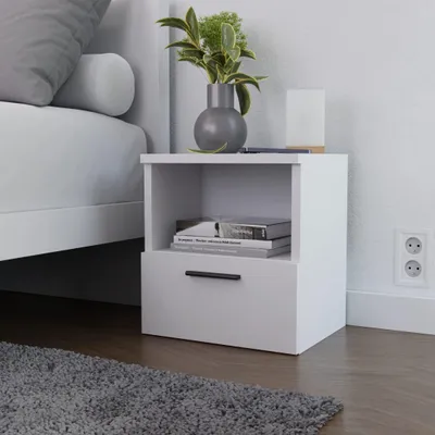 Immagine prodotto di Comodino bianco con cassetto e ripiano aperto