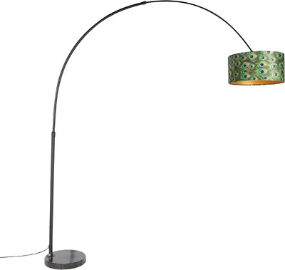 Produktbild von Botanische Bogenlampe mit Schwarzem Samt Schirm Pfauen Design 50 cm XXL