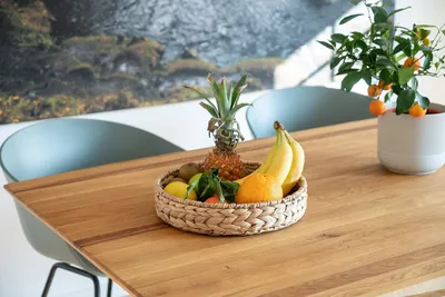 Produktbild von Rund geflochtener Tablett aus Seegras-Wasserhyazinthe - Set mit 32 cm + 28 cm Durchmesser - Obstschale