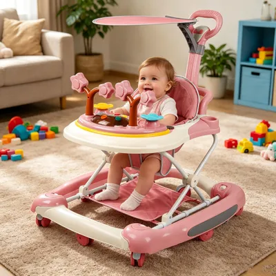 Produktbild von 4 in 1 Lauflernhilfe mit Schubstange,Gehfrei, Babywalker Schaukelfunktion mit Musik& Sonnendach,Klappbar Laufhilfe für Baby ab 6 Monate Rosa