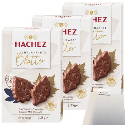 Produktbild von Hachez Schokolade Hauchzarte Blätter Edel Vollmilch 3er Pack (3x125g Packung) + usy Block