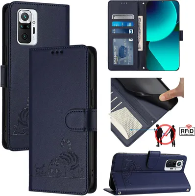 Produktbild von Leder Hülle für Xiaomi Redmi Note 10 Pro/Note 10 Pro Max Süße Katze Flip Case Brieftasche Schutzhülle mit Standfunktion Blau