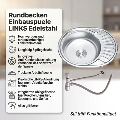 Produktbild von Mucola Küchenspüle SilberSpülbecken EinbauSilberspüle mit Ablage - Einbauspüle 57CM Rund Ausrichtung Links