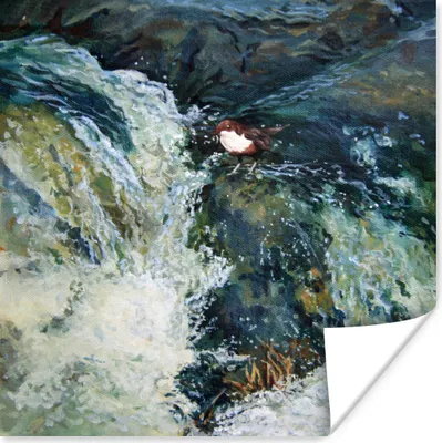 Produktbild von MuchoWow® Poster Ölgemälde der Vogel und der Wasserfall 75x75 cm - Wand Dekoration