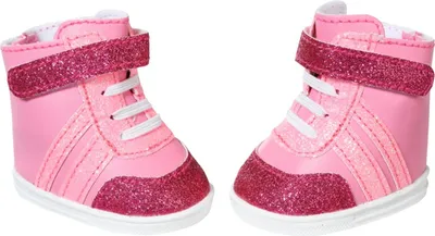 A pair of pink high-top sneakers for a doll.