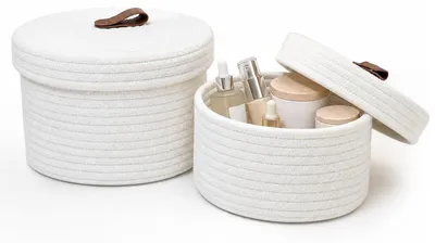 2er Set Aufbewahrungskörbe rund mit Deckel, Baumwolle, Ø 28/23 cm, weiß