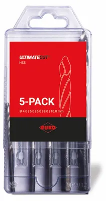 Zdjęcie produktu dla Zestaw wierteł krętych RUKO ULTIMATECUT DIN 338 typ FLOWSTEP® HSS - 5 szt. w plastikowym pudełku - 259205RO