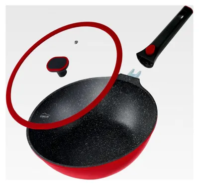 Produktbild von Wokpfanne 30 cm, 4,8 L Servierpfanne mit Deckel, Abnehmbarem Griff, Aluguss, Induktion, Für Alle Herdarten, Antihaftbeschichtet mit Steinpartikeln, Rot