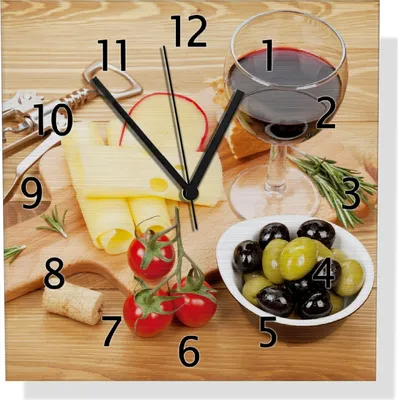 Produktbild von Wallario Design Wanduhr Genuss am Abend - Rotwein, Käseplatte, Oliven und Tomaten aus Aluverbund, Größe 30 x 30 cm