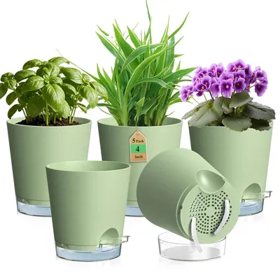 Immagine prodotto di Vaso autoirrigante - Set di 5 - 10 cm - Serbatoio d'acqua - Verde