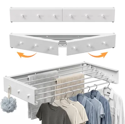 Image de Support mural pliable pour le séchage du linge Ikodm, 100 cm, séchoir mural résistant aux intempéries pour balcon, terrasse et intérieur, revêtement anti-rouille, 6 barres, capacité de charge de 30 kg, blanc