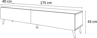 A line drawing of a long, low cabinet with legs, showing its dimensions.