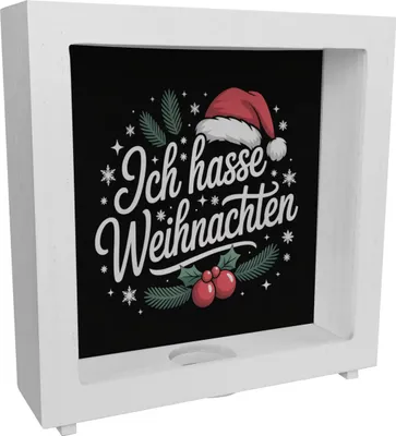 Produktbild von Ich hasse Weihnachten Rahmen Spardose aus Holz mit Weihnachtsmannhut