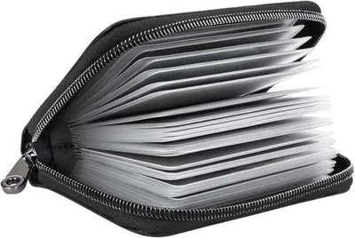 Obrázek produktu pro Držák na karty z kůže s plastovým krytem – černý – pojme až 20 karet – pro občanský průkaz, kreditní karty, bankovní karty
