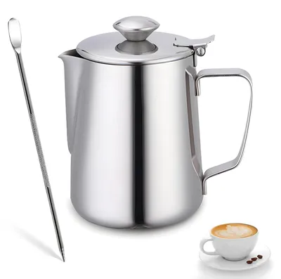Milchkännchen Edelstahl 350 ml mit Deckel & Latte-Art-Stift