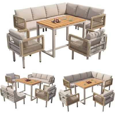 Produktbild von 6-teiliges Gartenlounge-Set, Ecksofa mit 2 Sesseln & Tisch, wetterfestes Stahlgestell, Seilgeflecht-Design, Sitzkissen, Outdoor Lounge für Balkon