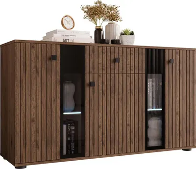 Produktbild von MIRJAN24 Kombikommode Salsa MDF, Kommode mit 3 Türen und Schublade, Fronten teilweise aus gehärtetem Glas (Farbe: Nuss Okapi, mit blauer LED Beleuchtung)