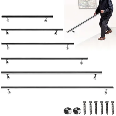 A person is shown using a handrail on a staircase, with multiple handrails displayed in the foreground.