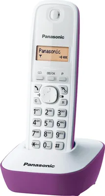 A white and purple Panasonic cordless phone is shown on its charging base against a white background.