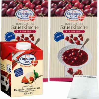 Produktbild von Chr.Grod Grütze Sauerkirsche (2x500g Packung) & Dessert-Sauce mit Vanillegeschmack (1x500ml) + usy Block