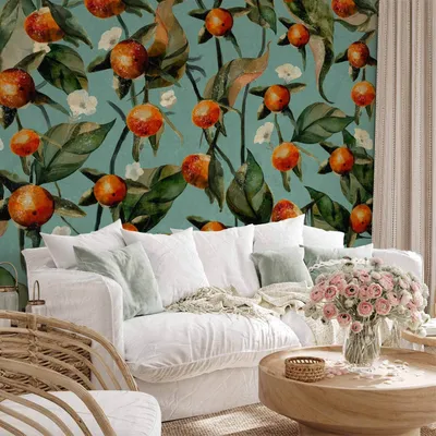 Produktbild von Selbstklebende Folie Fototapete - Orange grove - plant motif with fruit and leaves on a blue background 196x140 cm Blumen b-A-0700-a-a