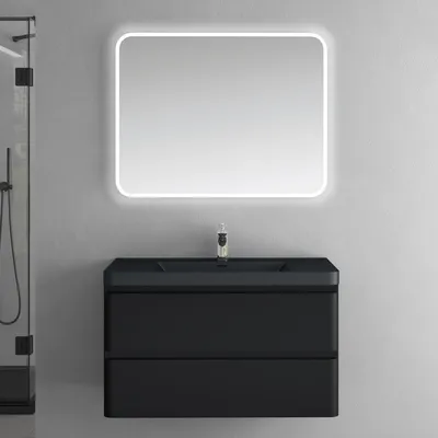 Produktbild von doporro Badmöbel-Set Waschtisch mit Unterschrank Waschbecken mit Waschbeckenunterschrank Matt schwarz 90x48x55cm inkl. Mineralguss-Waschbecken und LED-Spiegel lucca